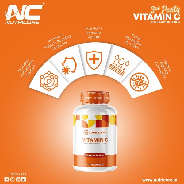 This static 1:1 ad creative showcases a bottle of Vitamin C tablets centered among five distinct icons representing key health benefits.